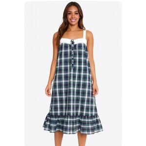 Courtney Cole SZ L VTG Plaid Baby Doll Style Nightgown Blue Green White & Lace